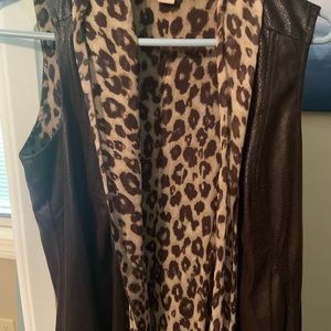 Chico’s Faux leather and leopard Vest with attached leopard scarf